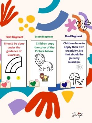 Cover of My Kid's First Coloring Book by Sarita Chugh, NLP Practitioner, featuring bold US-themed designs (stars, animals, shapes) optimized for 8.5x11" printing, with a mom and toddler bonding over coloring activities