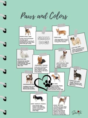 Small dog breeds coloring pages with breed traits for mindful pet lovers—relaxation, education & creativity.