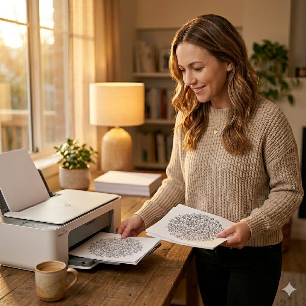 Zeinth, with her wavy, light-brown hair and wearing a chunky beige knit sweater, smiles while taking a sheet of paper with an intricate mandala pattern from a white all-in-one printer at a wooden desk in a cozy home office. She is holding more similar sheets in her right hand. The background includes a window with warm light, a table lamp, and potted plants. A ceramic coffee mug sits on the desk.
