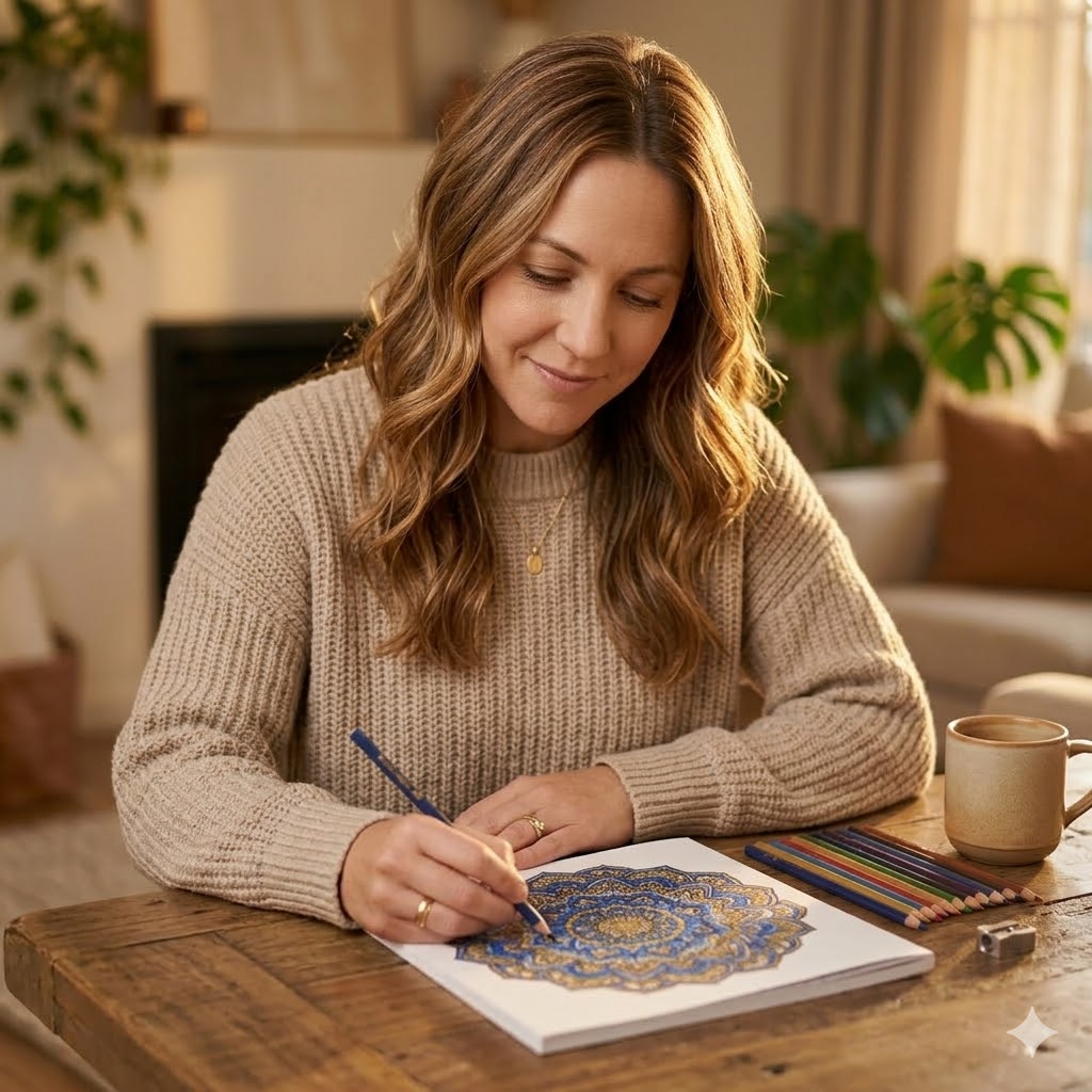 A detailed photograph of a woman named Zenith with wavy brown hair, wearing a chunky beige knit sweater, is focused on coloring an intricate gold and blue mandala. She is seated at a rustic wooden table in a warm, cozy living room. A ceramic mug with the text "ZENITH" and a full pack of colored pencils are on the table next to her.